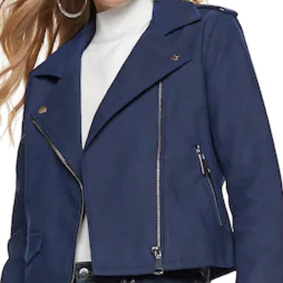 NINE WEST Biker Jacket Navy Brushed Faux Leather - Picture 2 of 8